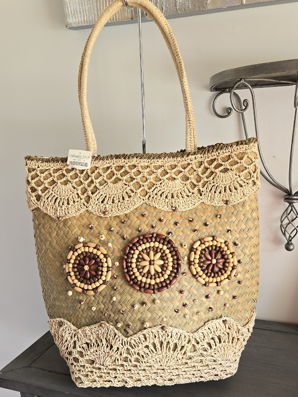 Coldwater Creek Straw Tote Bag with Bead Flower Accents